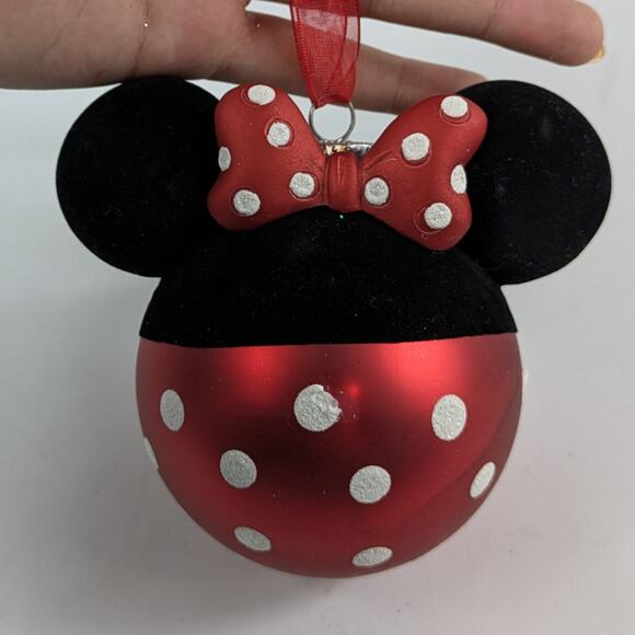 Disney Other - Disney Minnie Mouse Polka‑Dot Bow Glass Ornament 4″ Tall Red Black Velour Ears